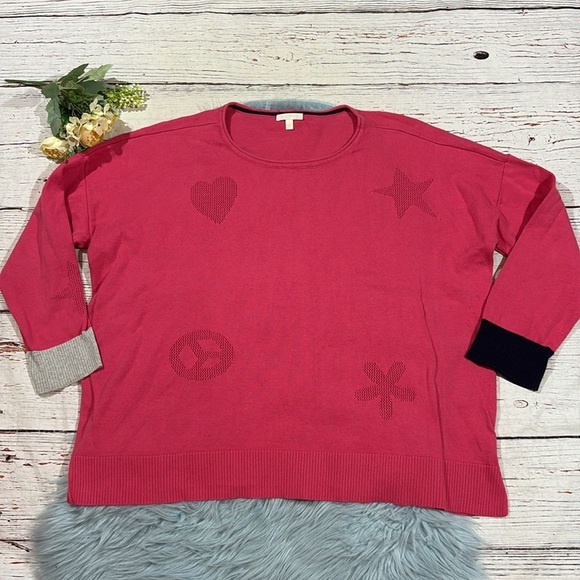 LISA TODD Womens Pink Good Vibrations Stars Heart Pullover Sweater Color Cuffs - Picture 2 of 9